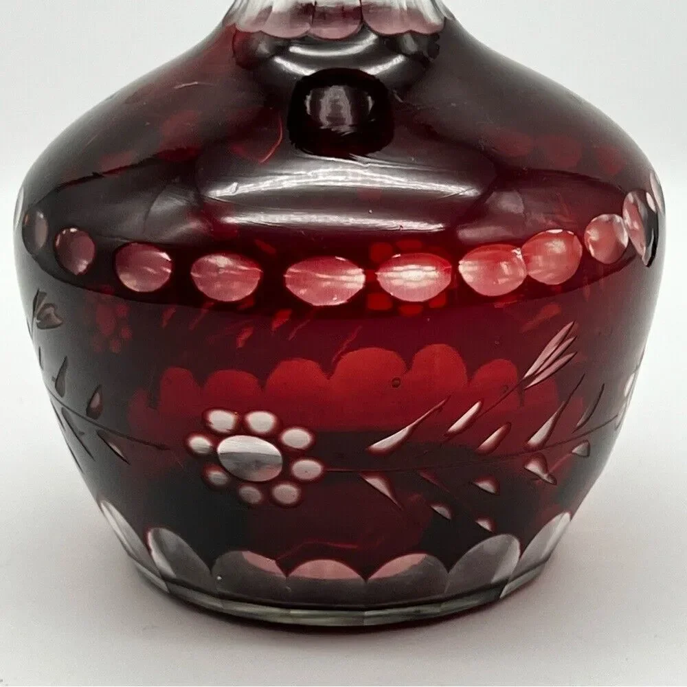 Vintage Czech Bohemian Ruby Red Cut To Clear Floral Etched Glass Decanter Vase